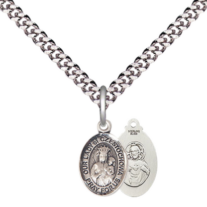 Small Sized Men's .925 Sterling Silver Our Lady of Czestochowa Medal Pendant on 24 Inch Endless Rhodium Plated Heavy Curb Brass Chain, Catholic Religious Necklace - Made in USA- Deluxe Velvet Gift Box