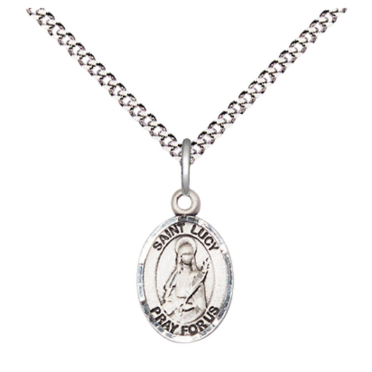 Small Sized Women's .925 Sterling Silver Saint St. Lucy Medal Pendant on 18 Inch Rhodium Plated Lite Curb Brass Chain with Lobster Claw Clasp, Catholic Religious Necklace - Made in USA- Velvet Gift Box