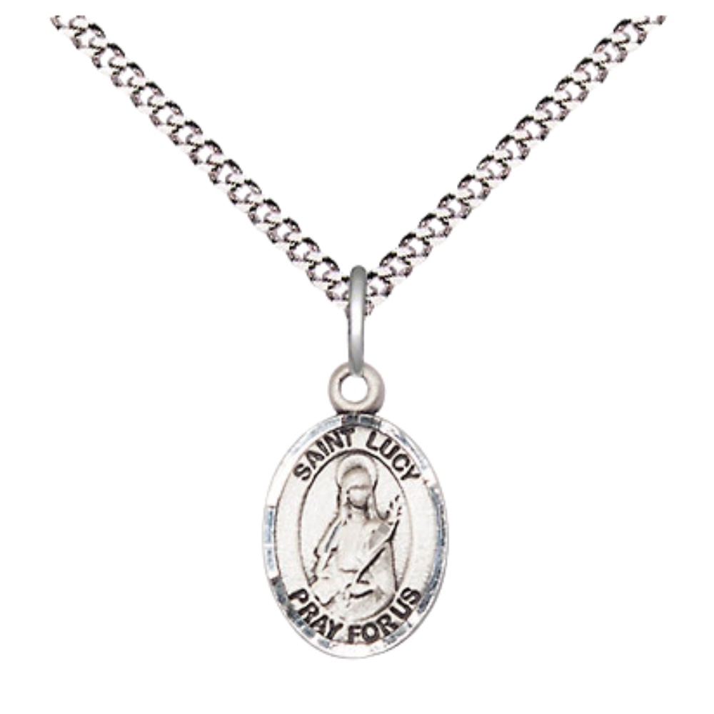 Small Sized Women's Pewter Saint St. Lucy Medal Pendant on 18 Inch Rhodium Plated Lite Curb Brass Chain with Lobster Claw Clasp, Catholic Religious Necklace - Made in USA- Velvet Gift Box