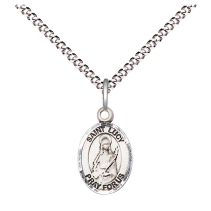 Small Sized Women's Pewter Saint St. Lucy Medal Pendant on 18 Inch Rhodium Plated Lite Curb Brass Chain with Lobster Claw Clasp, Catholic Religious Necklace - Made in USA- Velvet Gift Box