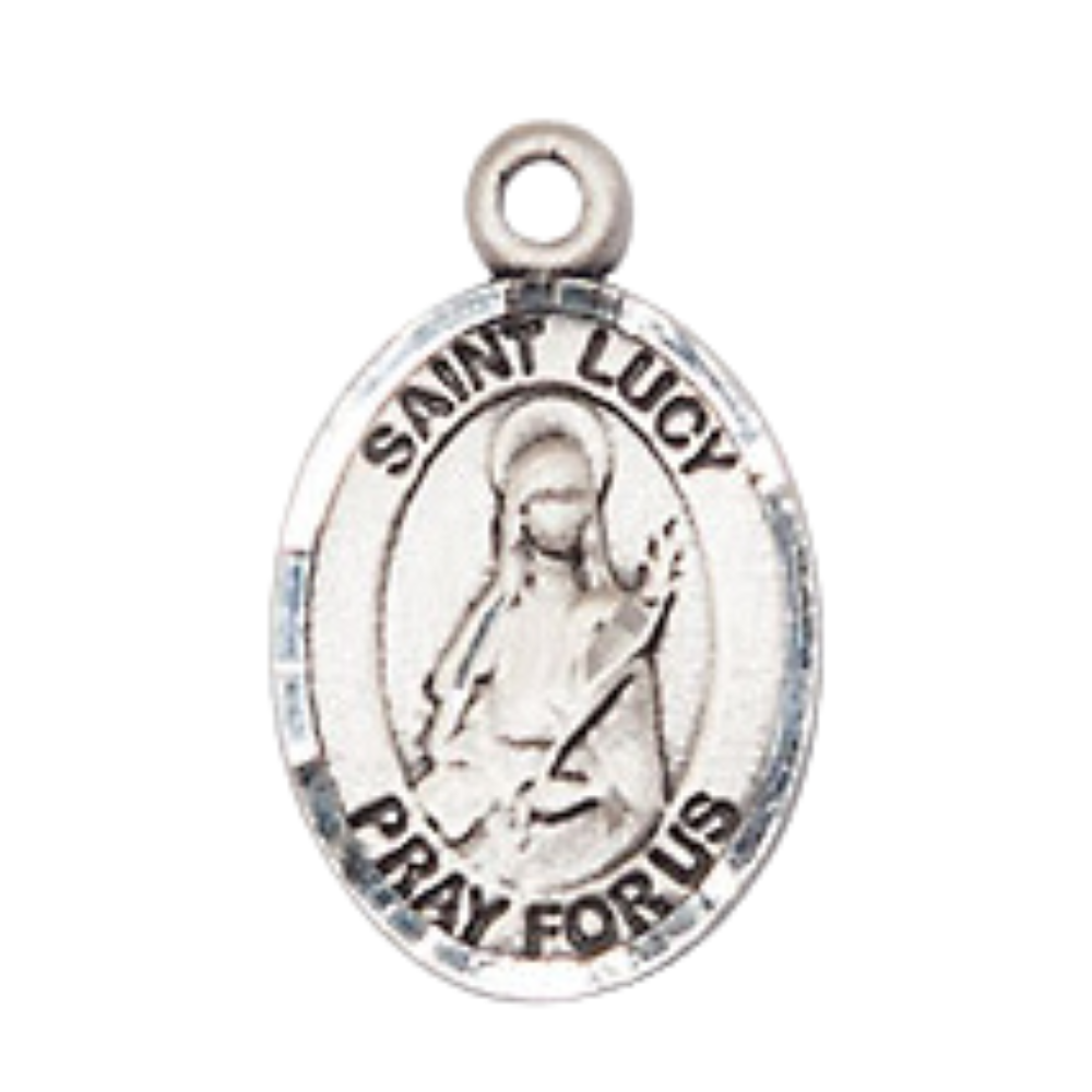 Small Sized Women's Pewter Saint St. Lucy Medal Pendant on 18 Inch Rhodium Plated Lite Curb Brass Chain with Lobster Claw Clasp, Catholic Religious Necklace - Made in USA- Velvet Gift Box