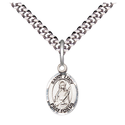 Everlasting Light Jewelry Small Sized Men's Pewter Saint St. Lucy Medal Pendant on 24 Inch Endless Rhodium Plated Heavy Curb Brass Chain, Catholic Religious Necklace - Made in USA- Deluxe Velvet Gift Box