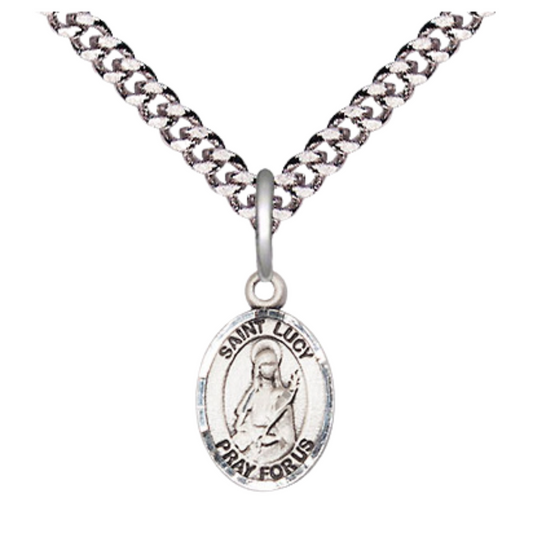 Small Sized Men's .925 Sterling Silver Saint St. Lucy Medal Pendant on 24 Inch Endless Rhodium Plated Heavy Curb Brass Chain, Catholic Religious Necklace - Made in USA- Deluxe Velvet Gift Box