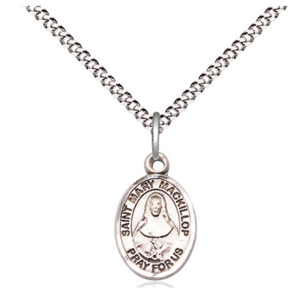 Small Sized Women's Pewter Saint St. Mary Mackillop Medal Pendant on 18 Inch Rhodium Plated Lite Curb Brass Chain with Lobster Claw Clasp, Catholic Religious Necklace - Made in USA- Velvet Gift Box