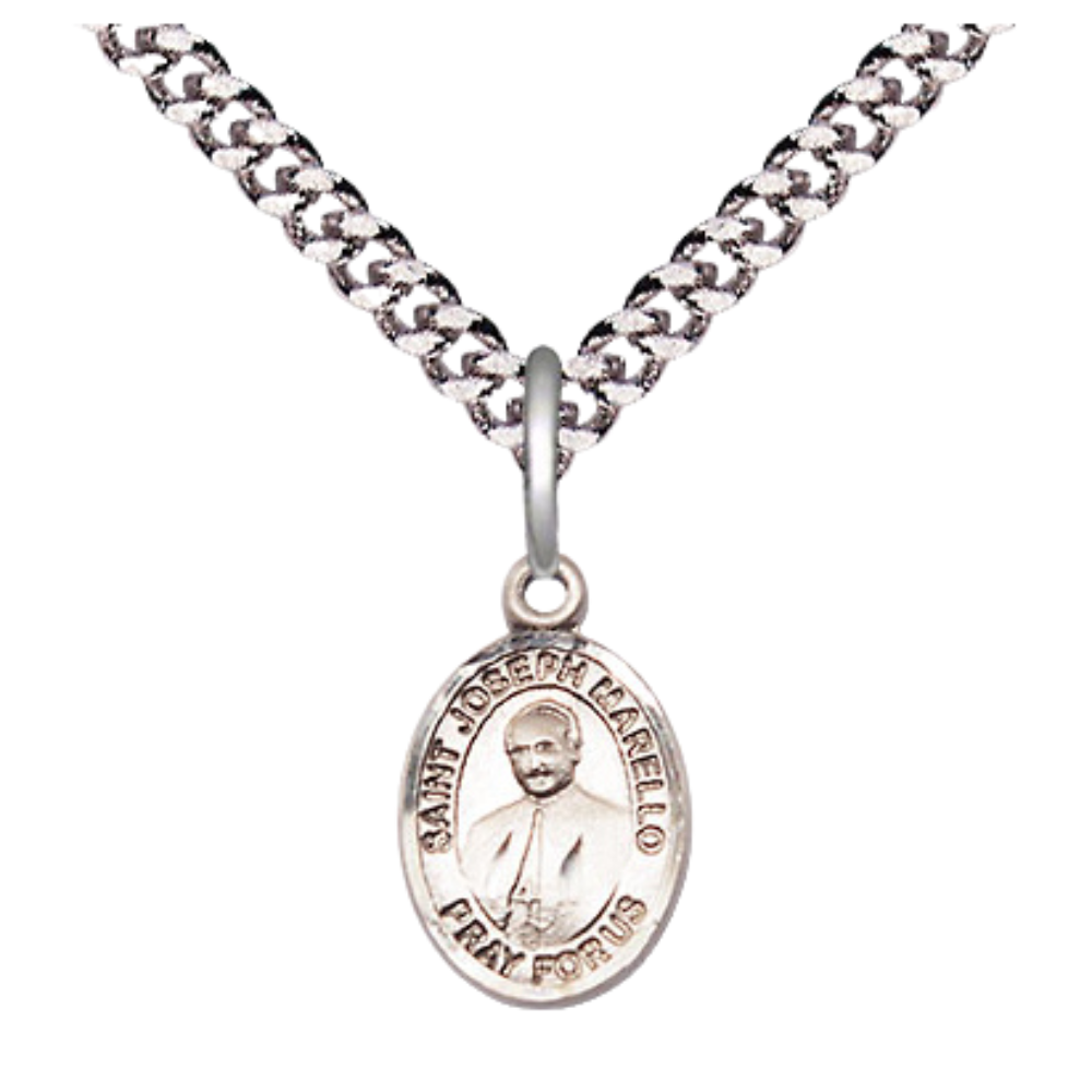 Small Sized Men's Pewter Saint St. Joseph Marello Medal Pendant on 24 Inch Endless Rhodium Plated Heavy Curb Brass Chain, Catholic Religious Necklace - Made in USA- Deluxe Velvet Gift Box