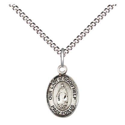 Small Sized Women's Pewter Our Lady Of Good Help Medal Pendant on 18 Inch Rhodium Plated Lite Curb Brass Chain with Lobster Claw Clasp, Catholic Religious Necklace - Made in USA- Velvet Gift Box