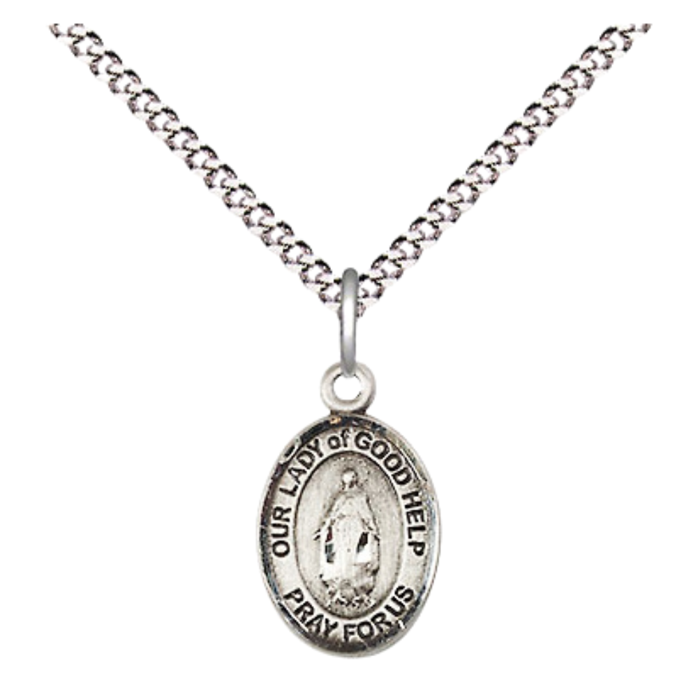 Small Sized Women's Pewter Our Lady Of Good Help Medal Pendant on 18 Inch Rhodium Plated Lite Curb Brass Chain with Lobster Claw Clasp, Catholic Religious Necklace - Made in USA- Velvet Gift Box