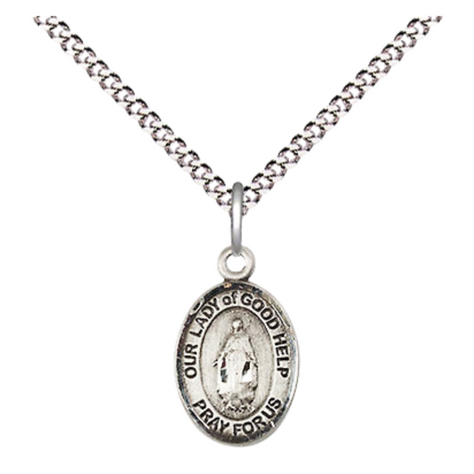 Small Sized Women's Pewter Our Lady Of Good Help Medal Pendant on 18 Inch Rhodium Plated Lite Curb Brass Chain with Lobster Claw Clasp, Catholic Religious Necklace - Made in USA- Velvet Gift Box
