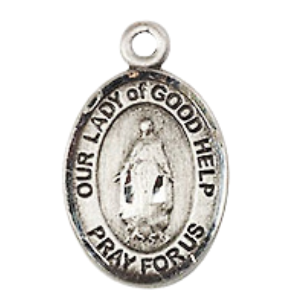 Small Sized Women's Pewter Our Lady Of Good Help Medal Pendant on 18 Inch Rhodium Plated Lite Curb Brass Chain with Lobster Claw Clasp, Catholic Religious Necklace - Made in USA- Velvet Gift Box