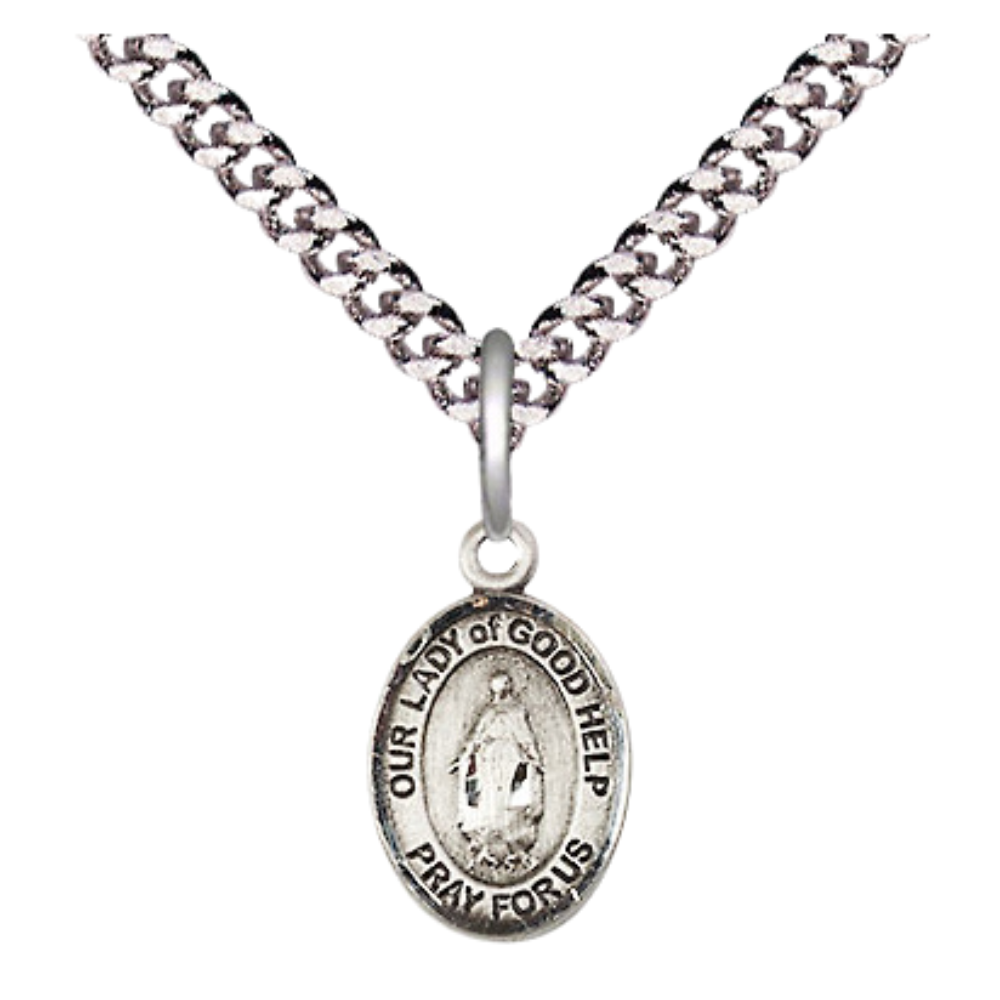 Small Sized Men's Pewter Our Lady Of Good Help Medal Pendant on 24 Inch Endless Rhodium Plated Heavy Curb Brass Chain, Catholic Religious Necklace - Made in USA- Deluxe Velvet Gift Box