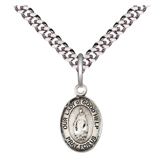 Small Sized Men's Pewter Our Lady Of Good Help Medal Pendant on 24 Inch Endless Rhodium Plated Heavy Curb Brass Chain, Catholic Religious Necklace - Made in USA- Deluxe Velvet Gift Box