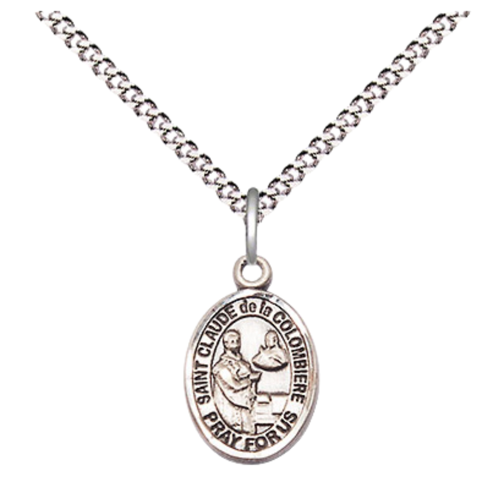 Small Sized Women's Pewter Saint Claude de la Colombiere Medal Pendant on 18 Inch Rhodium Plated Lite Curb Brass Chain with Lobster Claw Clasp, Catholic Religious Necklace - Made in USA- Velvet Gift Box