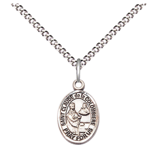 Small Sized Women's Pewter Saint Claude de la Colombiere Medal Pendant on 18 Inch Rhodium Plated Lite Curb Brass Chain with Lobster Claw Clasp, Catholic Religious Necklace - Made in USA- Velvet Gift Box