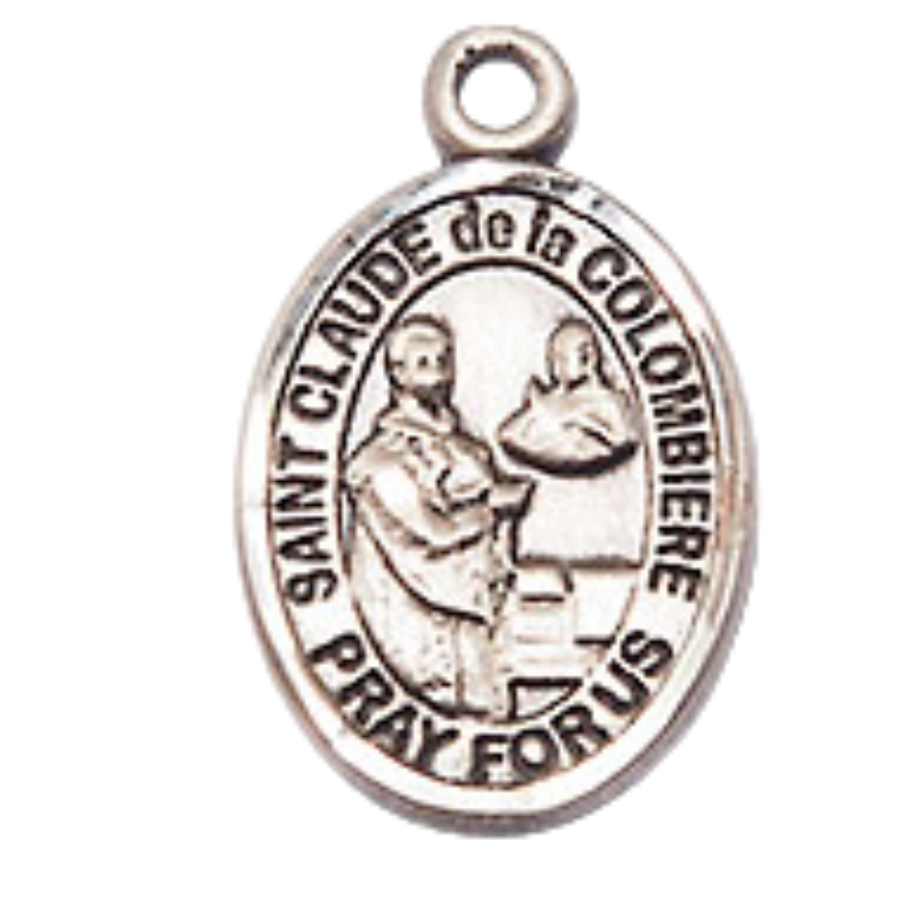 Small Sized Women's .925 Sterling Silver Saint St. Claude de la Colombiere Medal Pendant on 18 Inch Rhodium Plated Lite Curb Brass Chain w/ Lobster Claw Clasp, Catholic Religious Necklace - Made in USA- Velvet Gift Box