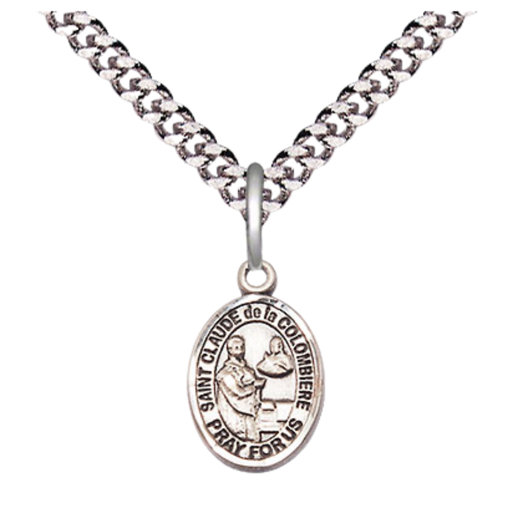 Small Sized Men's .925 Sterling Silver Saint St. Claude de la Colombiere Medal Pendant on 24 Inch Endless Rhodium Plated Heavy Curb Brass Chain, Catholic Religious Necklace - Made in USA- Deluxe Velvet Gift Box