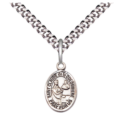 Small Sized Men's Pewter Saint St. Claude de la Colombiere Medal Pendant on 24 Inch Endless Rhodium Plated Heavy Curb Brass Chain, Catholic Religious Necklace - Made in USA- Deluxe Velvet Gift Box
