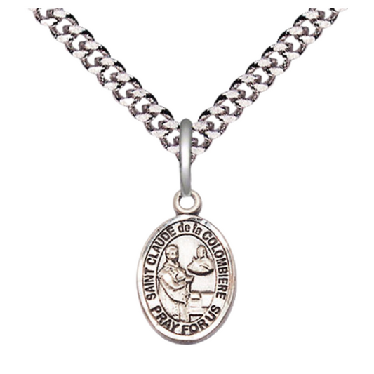 Small Sized Men's Pewter Saint St. Claude de la Colombiere Medal Pendant on 24 Inch Endless Rhodium Plated Heavy Curb Brass Chain, Catholic Religious Necklace - Made in USA- Deluxe Velvet Gift Box