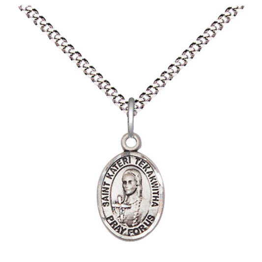 Small Sized Women's .925 Sterling Silver Saint St. Kateri Tekakwitha Medal Pendant on 18 Inch Rhodium Plated Lite Curb Brass Chain with Lobster Claw Clasp, Catholic Religious Necklace - Made in USA- Velvet Gift Box