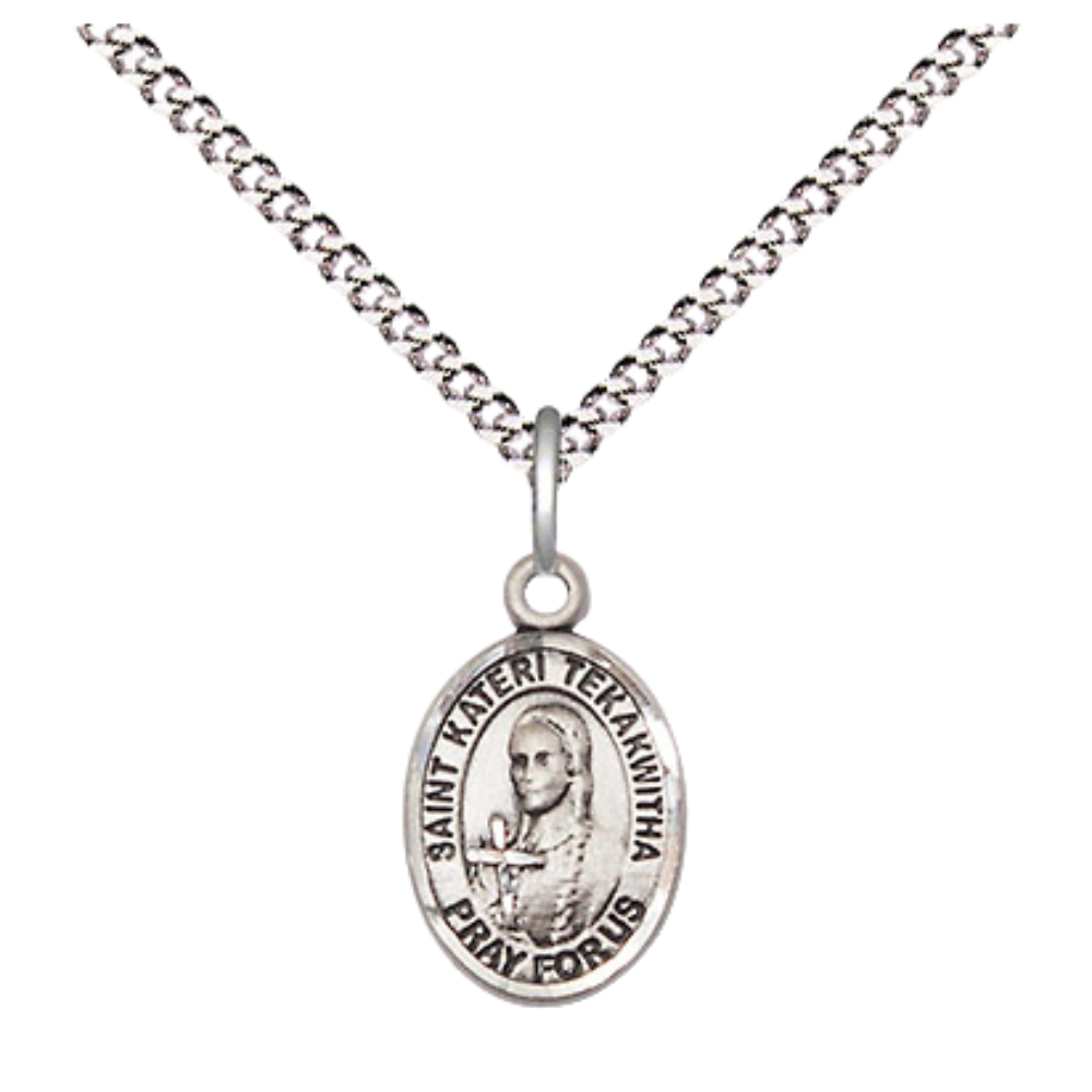 Small Sized Women's Pewter Saint Kateri Tekakwitha Medal Pendant on 18 Inch Rhodium Plated Lite Curb Brass Chain with Lobster Claw Clasp, Catholic Religious Necklace - Made in USA- Velvet Gift Box