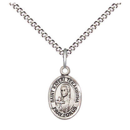 Small Sized Women's Pewter Saint Kateri Tekakwitha Medal Pendant on 18 Inch Rhodium Plated Lite Curb Brass Chain with Lobster Claw Clasp, Catholic Religious Necklace - Made in USA- Velvet Gift Box