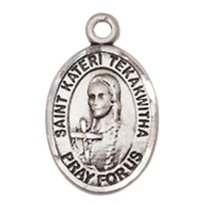 Small Sized Women's .925 Sterling Silver Saint St. Kateri Tekakwitha Medal Pendant on 18 Inch Rhodium Plated Lite Curb Brass Chain with Lobster Claw Clasp, Catholic Religious Necklace - Made in USA- Velvet Gift Box