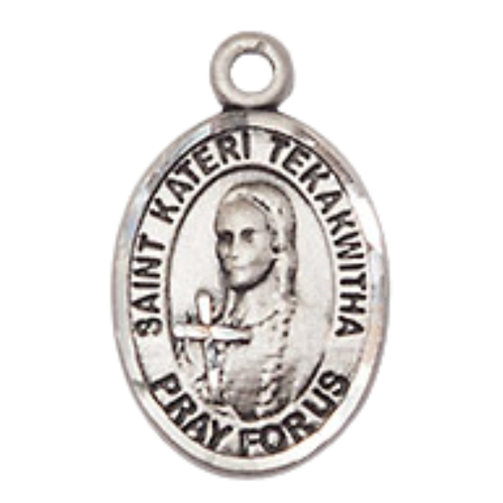 Small Sized Women's Pewter Saint Kateri Tekakwitha Medal Pendant on 18 Inch Rhodium Plated Lite Curb Brass Chain with Lobster Claw Clasp, Catholic Religious Necklace - Made in USA- Velvet Gift Box