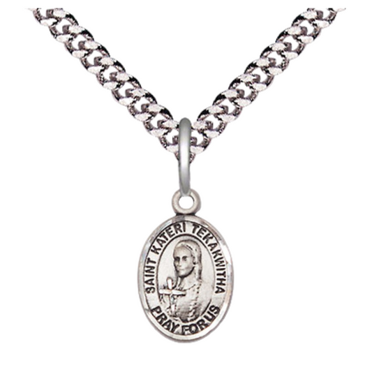 Small Sized Men's Pewter Saint St. Kateri Tekakwitha Medal Pendant on 24 Inch Endless Rhodium Plated Heavy Curb Brass Chain, Catholic Religious Necklace - Made in USA- Deluxe Velvet Gift Box