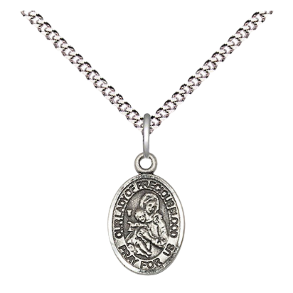 Small Sized Women's .925 Sterling Silver Our Lady of the Precious Blood Medal Pendant on 18 Inch Rhodium Plated Lite Curb Brass Chain w/ Lobster Claw Clasp, Catholic Religious Necklace - Made in USA- Velvet Gift Box