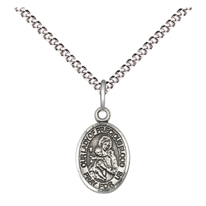 Small Sized Women's Pewter Our Lady of the Precious Blood Medal Pendant on 18 Inch Rhodium Plated Lite Curb Brass Chain with Lobster Claw Clasp, Catholic Religious Necklace - Made in USA- Velvet Gift Box