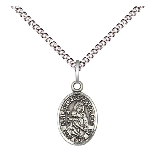 Small Sized Women's Pewter Our Lady of the Precious Blood Medal Pendant on 18 Inch Rhodium Plated Lite Curb Brass Chain with Lobster Claw Clasp, Catholic Religious Necklace - Made in USA- Velvet Gift Box