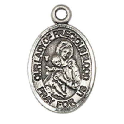 Small Sized Women's Pewter Our Lady of the Precious Blood Medal Pendant on 18 Inch Rhodium Plated Lite Curb Brass Chain with Lobster Claw Clasp, Catholic Religious Necklace - Made in USA- Velvet Gift Box