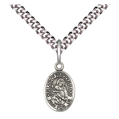 Small Sized Men's Pewter Our Lady of the Precious Blood Medal Pendant on 24 Inch Endless Rhodium Plated Heavy Curb Brass Chain, Catholic Religious Necklace - Made in USA- Deluxe Velvet Gift Box