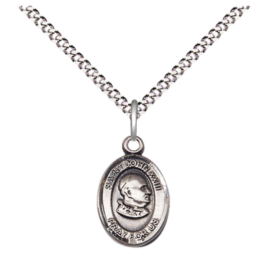 Small Sized Women's Pewter Saint John XXIII Medal Pendant on 18 Inch Rhodium Plated Lite Curb Brass Chain with Lobster Claw Clasp, Catholic Religious Necklace - Made in USA- Velvet Gift Box