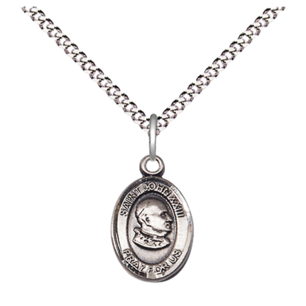 Small Sized Women's Pewter Saint John XXIII Medal Pendant on 18 Inch Rhodium Plated Lite Curb Brass Chain with Lobster Claw Clasp, Catholic Religious Necklace - Made in USA- Velvet Gift Box