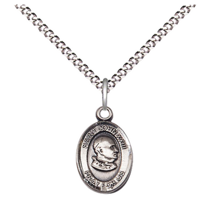 Small Sized Women's Pewter Saint John XXIII Medal Pendant on 18 Inch Rhodium Plated Lite Curb Brass Chain with Lobster Claw Clasp, Catholic Religious Necklace - Made in USA- Velvet Gift Box
