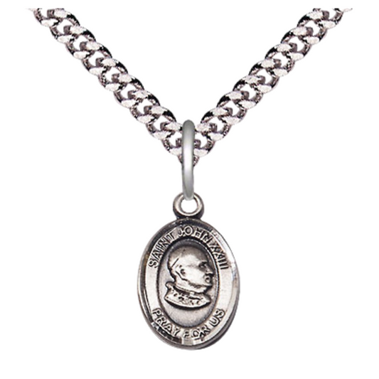 Small Sized Men's Pewter Saint St. John XXIII Medal Pendant on 24 Inch Endless Rhodium Plated Heavy Curb Brass Chain, Catholic Religious Necklace - Made in USA- Deluxe Velvet Gift Box