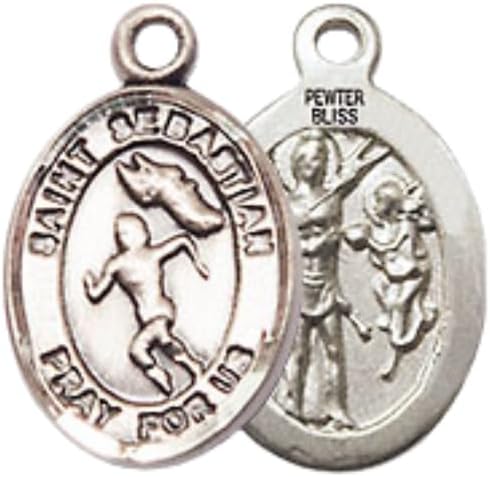 Small Sized Men's Pewter Saint St. Sebastian Track and Field Medal Pendant on 24 Inch Endless Rhodium Plated Heavy Curb Brass Chain, Catholic Religious Necklace - Made in USA- Deluxe Velvet Gift Box