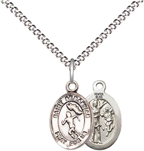 Small Sized Women's Pewter Saint St. Sebastian Track and Field Medal Pendant on 18 Inch Rhodium Plated Lite Curb Brass Chain with Lobster Claw Clasp, Catholic Religious Necklace - Made in USA- Velvet Gift Box