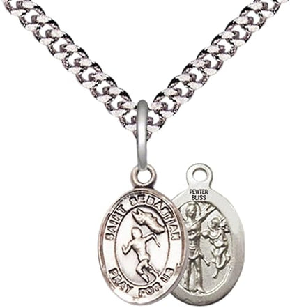 Small Sized Men's Pewter Saint St. Sebastian Track and Field Medal Pendant on 24 Inch Endless Rhodium Plated Heavy Curb Brass Chain, Catholic Religious Necklace - Made in USA- Deluxe Velvet Gift Box