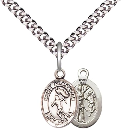 Small Sized Men's Pewter Saint St. Sebastian Track and Field Medal Pendant on 24 Inch Endless Rhodium Plated Heavy Curb Brass Chain, Catholic Religious Necklace - Made in USA- Deluxe Velvet Gift Box