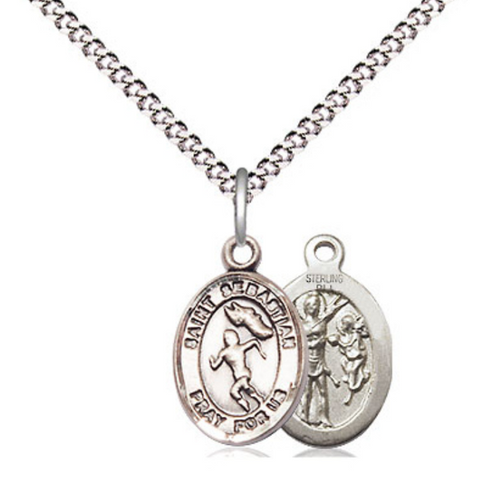 Small Sized Women's .925 Sterling Silver Saint St. Sebastian Track and Field Medal Pendant on 18 Inch Rhodium Plated Lite Curb Brass Chain w/ Lobster Claw Clasp, Catholic Religious Necklace- Made in USA- Velvet Gift Box