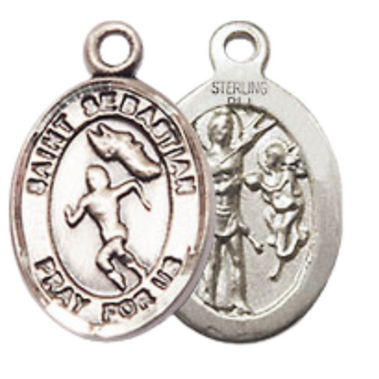 Small Sized Men's .925 Sterling Silver Saint St. Sebastian Track and Field Medal Pendant on 24 Inch Endless Rhodium Plated Heavy Curb Brass Chain, Catholic Religious Necklace - Made in USA- Deluxe Velvet Gift Box