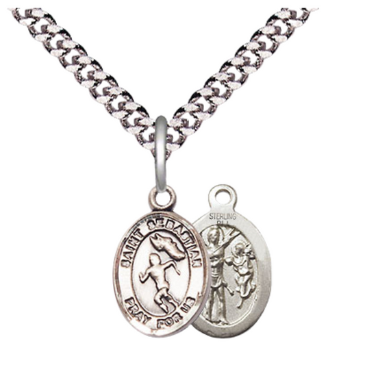 Small Sized Men's .925 Sterling Silver Saint St. Sebastian Track and Field Medal Pendant on 24 Inch Endless Rhodium Plated Heavy Curb Brass Chain, Catholic Religious Necklace - Made in USA- Deluxe Velvet Gift Box