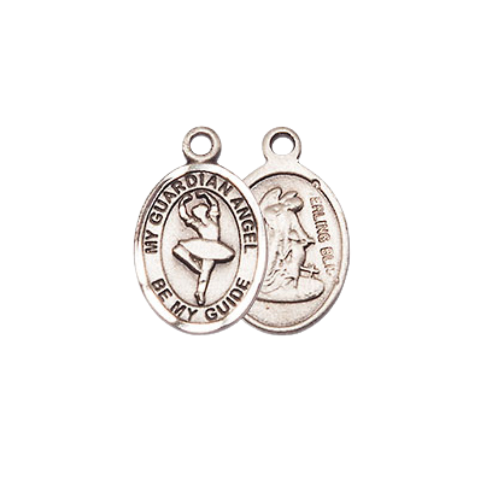Small Sized Women's .925 Sterling Silver Guardian Angel Dance Medal Pendant on 18 Inch Rhodium Plated Lite Curb Brass Chain with Lobster Claw Clasp, Catholic Religious Necklace - Made in USA- Velvet Gift Box