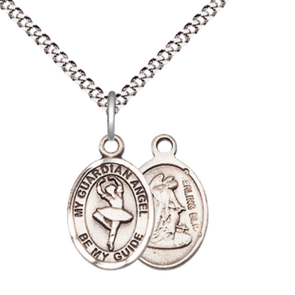 Small Sized Women's .925 Sterling Silver Guardian Angel Dance Medal Pendant on 18 Inch Rhodium Plated Lite Curb Brass Chain with Lobster Claw Clasp, Catholic Religious Necklace - Made in USA- Velvet Gift Box