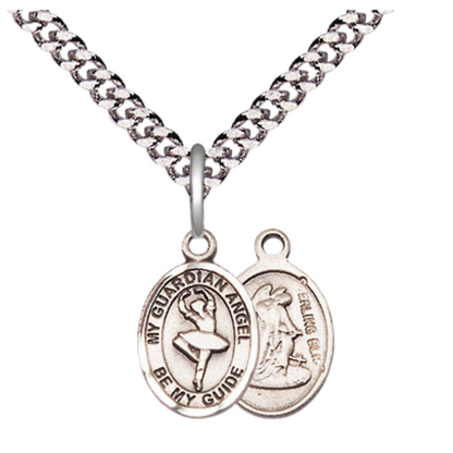 Small Sized Men's .925 Sterling Silver Guardian Angel Dance Medal Pendant on 24 Inch Endless Rhodium Plated Heavy Curb Brass Chain, Catholic Religious Necklace - Made in USA- Deluxe Velvet Gift Box