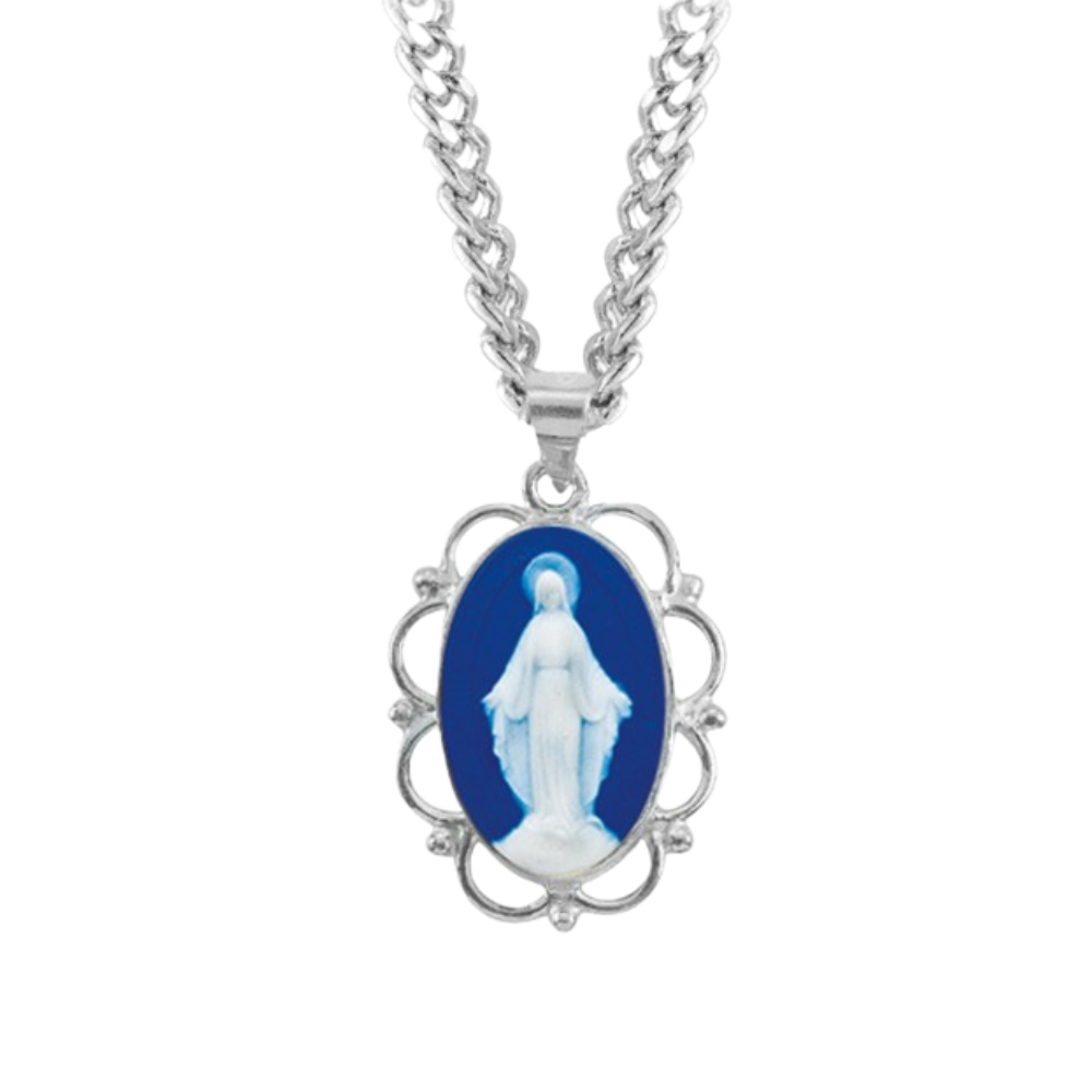 Sterling Silver Genuine Cam Mir Fancy Edge Oval , Catholic Gift, Made in USA