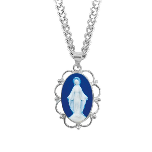 Sterling Silver Genuine Cam Mir Fancy Edge Oval , Catholic Gift, Made in USA