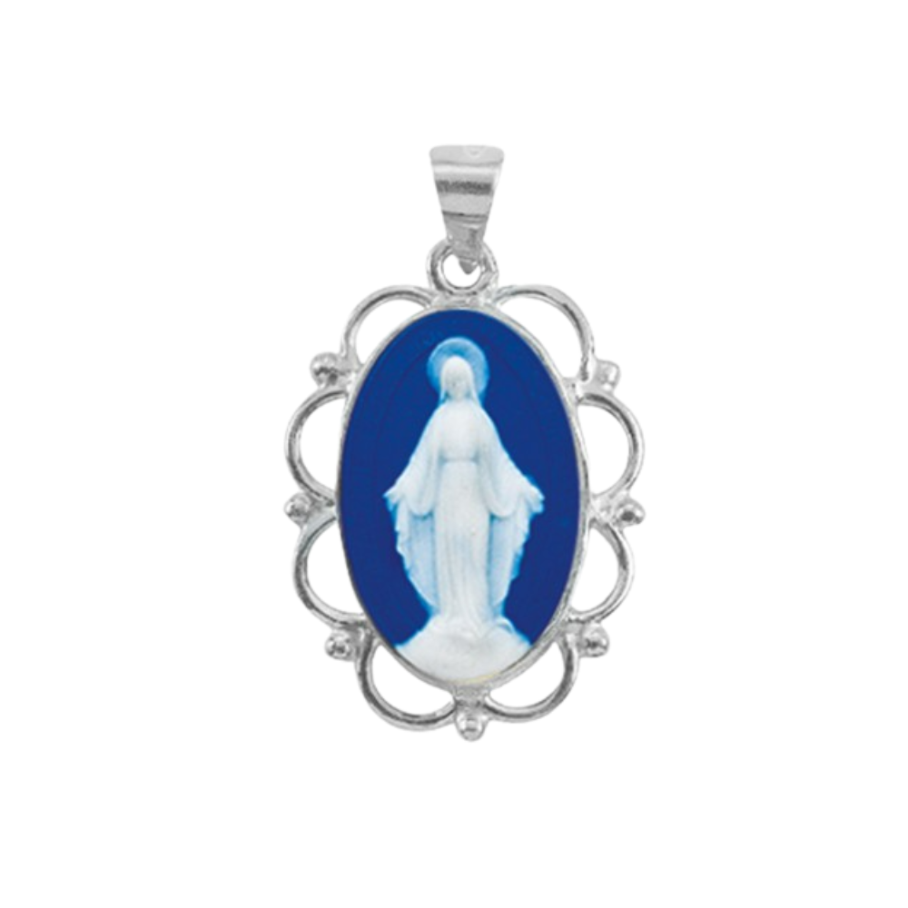 Miraculous Medal Sterling Silver Cameo Pendant — 18" Chain, Gift Box Included