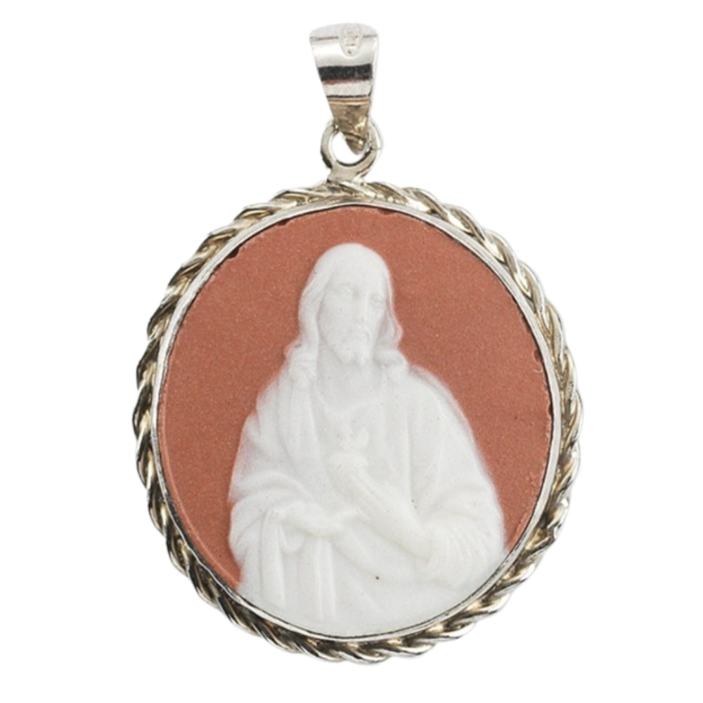 Sacred Heart of Jesus Pink Cameo Sterling Silver Pendant — 24" Chain